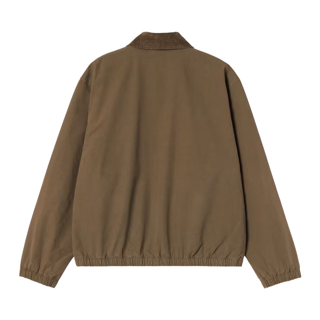 Carhartt WIP Madison Ripstop Jacket Dark Beech, vista trasera plana destacando espalda limpia en ripstop verde oliva, cuello de pana oscuro y puños elásticos.