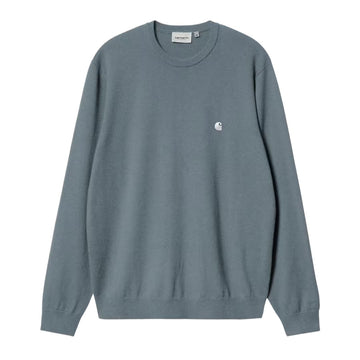 Carhartt WIP Madison Sweater Velvet Blue White vista frontal sudadera azul cuello redondo logo blanco bordado algodón.