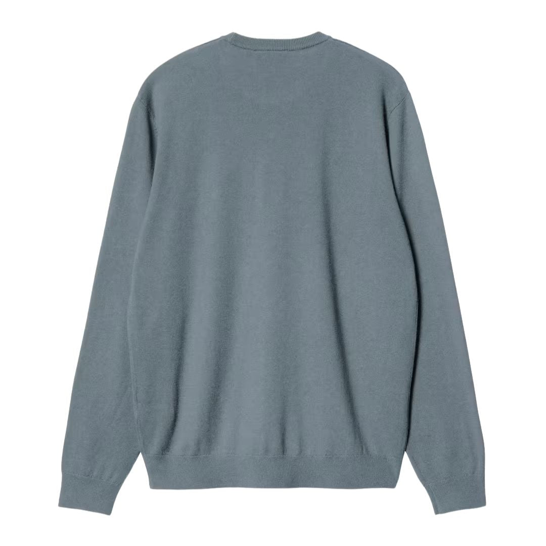 Carhartt WIP Madison Sweater Velvet Blue White vista trasera sudadera azul crewneck algodón bordado logo blanco.