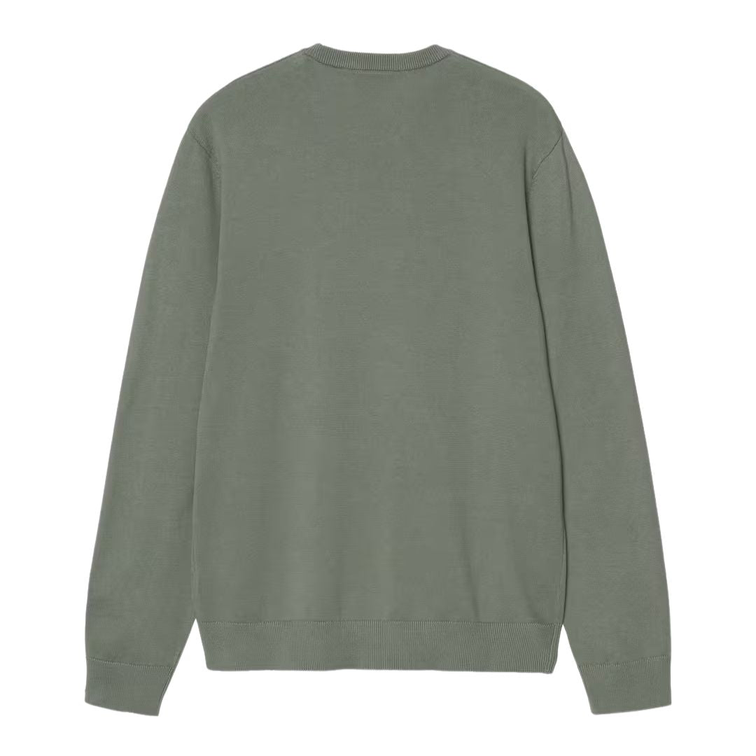 Carhartt WIP Madison Sweater velvet green vista trasera, jersey de punto de algodón con cuello redondo y acabados acanalados en puños y bajo.