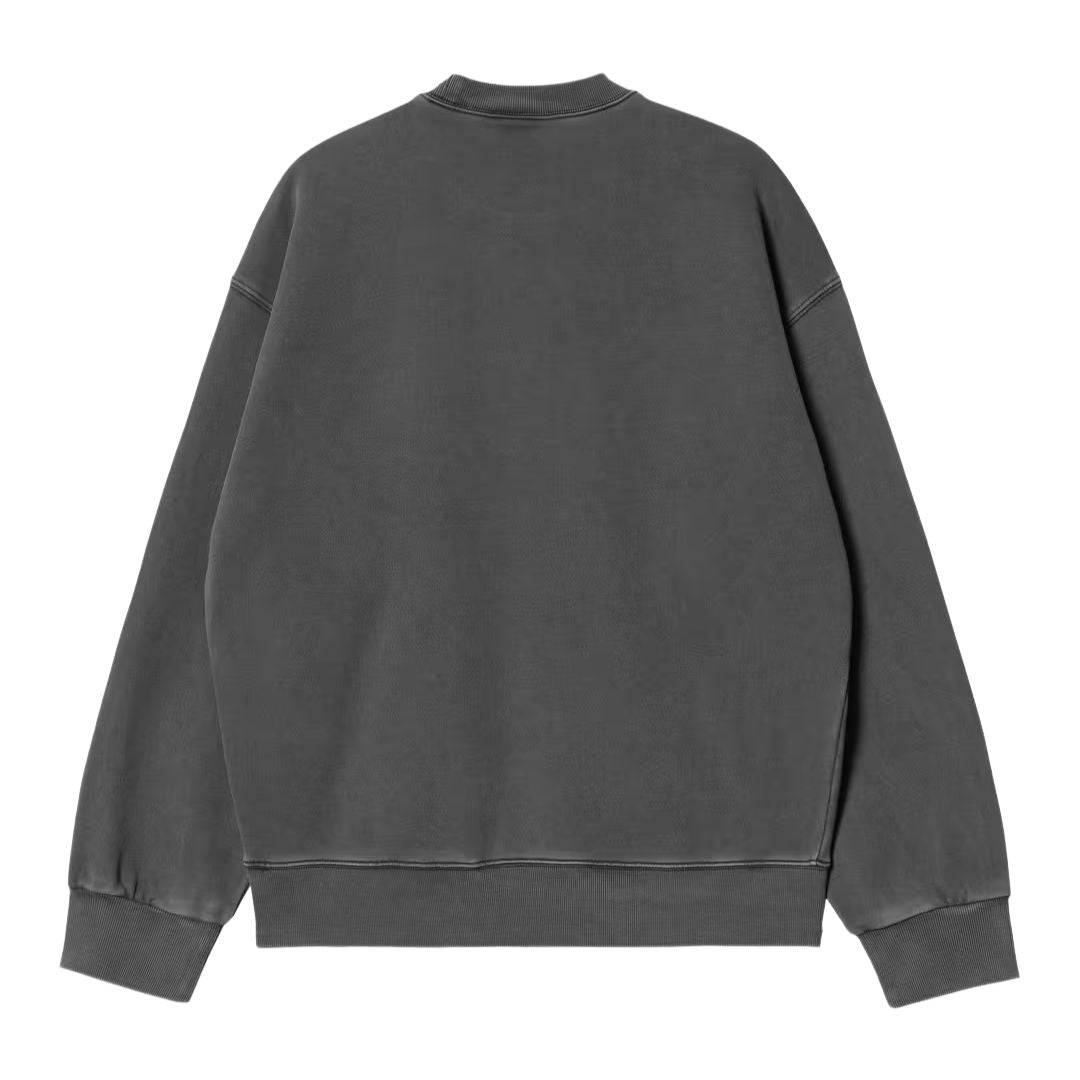 Carhartt WIP Nelson Sweatshirt Black Garment Dyed vista trasera sudadera crewneck teñida en prenda algodón pesado.