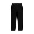 Vista frontal del pantalón de pana Carhartt WIP Newel Pant en color negro sobre fondo blanco, con cinco bolsillos, cintura normal y pernera de corte relaxed tapered hasta el bajo.