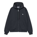 Sudadera con cremallera Carhartt WIP Hooded Mack Sweat Jacket en color dark navy wax, vista frontal con cordones de capucha, bolsillo canguro, cremallera metálica y logo C bordado en el pecho.