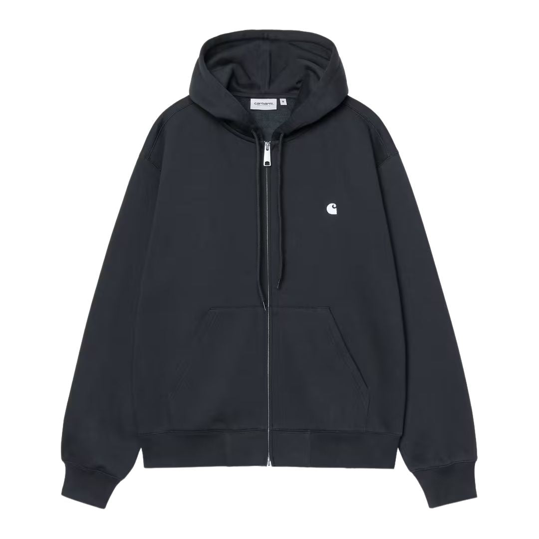 Sudadera con cremallera Carhartt WIP Hooded Mack Sweat Jacket en color dark navy wax, vista frontal con cordones de capucha, bolsillo canguro, cremallera metálica y logo C bordado en el pecho.