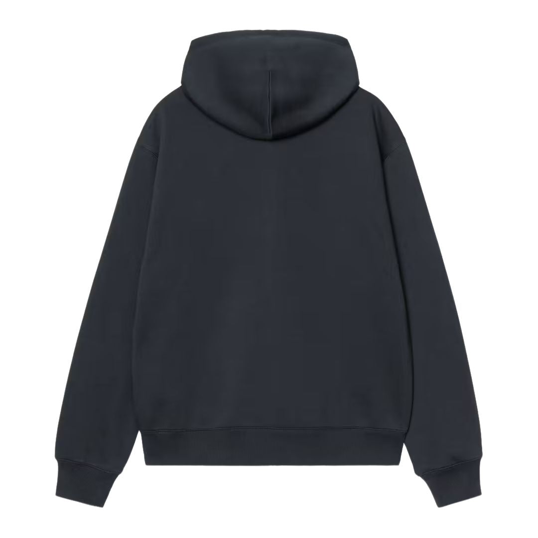 Carhartt WIP Hooded Mack Sweat Jacket sudadera con cremallera en color dark navy wax, vista trasera sobre fondo blanco con capucha holgada, hombros caídos y puños y cintura acanalados.