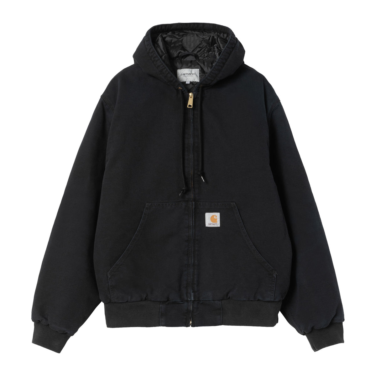 Chaqueta con capucha Carhartt WIP OG Active Jacket en color Black, vista frontal sobre fondo blanco con cremallera, bolsillo canguro y etiqueta cuadrada en la parte baja.