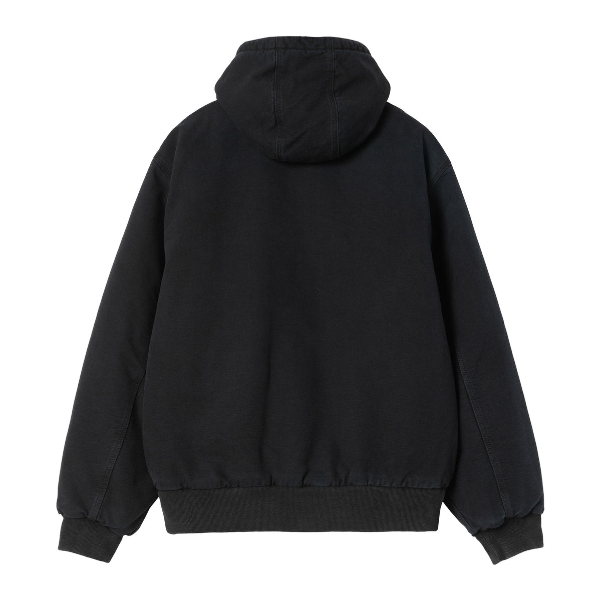 Vista trasera de la chaqueta Carhartt WIP OG Active Jacket en color Black: lona lisa con capucha, banda inferior y puños de punto acanalado sobre fondo blanco.