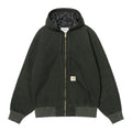 Chaqueta con capucha Carhartt WIP OG Active Jacket en color Raven, vista frontal sobre fondo blanco con cremallera, bolsillo canguro y etiqueta cuadrada en la parte baja.