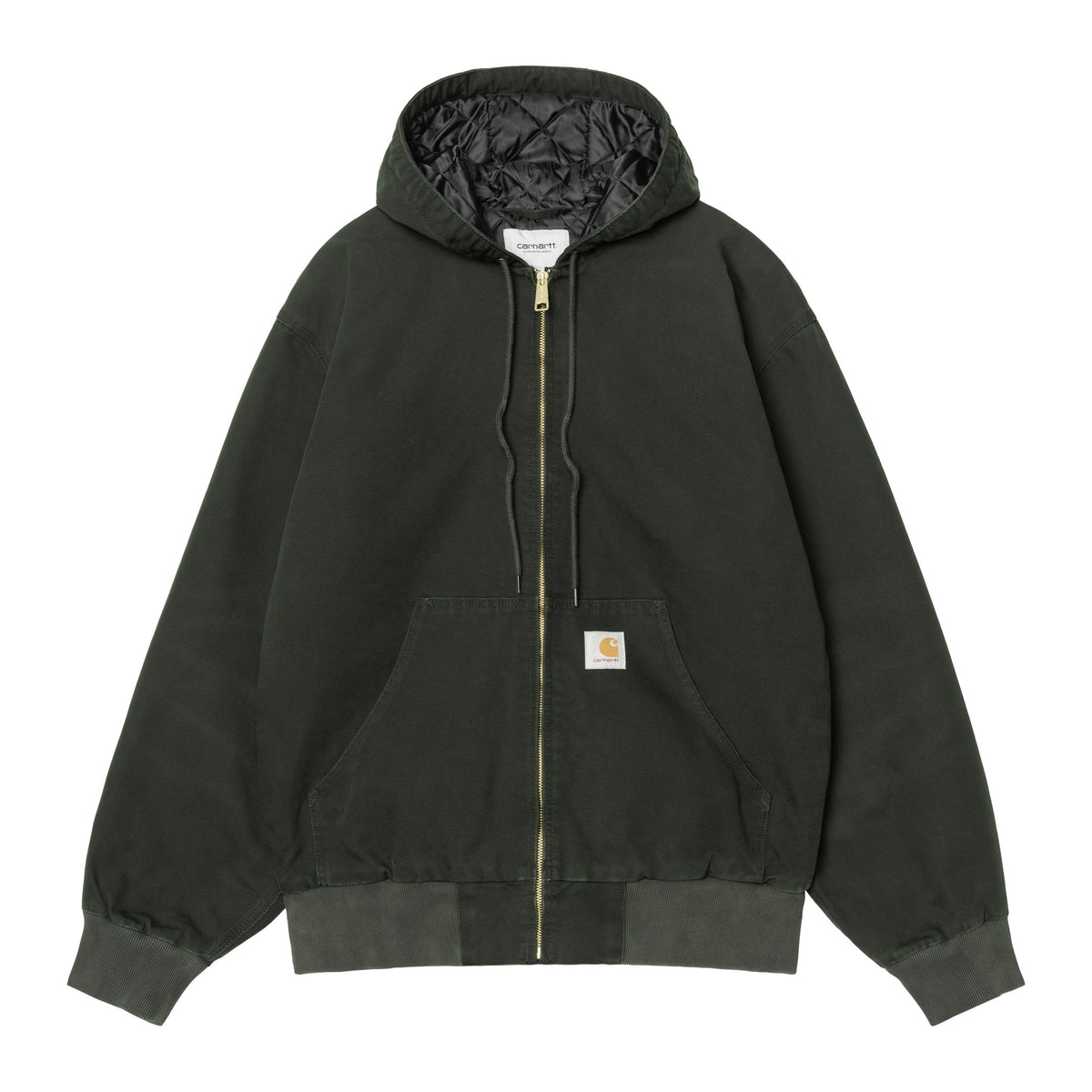 Chaqueta con capucha Carhartt WIP OG Active Jacket en color Raven, vista frontal sobre fondo blanco con cremallera, bolsillo canguro y etiqueta cuadrada en la parte baja.