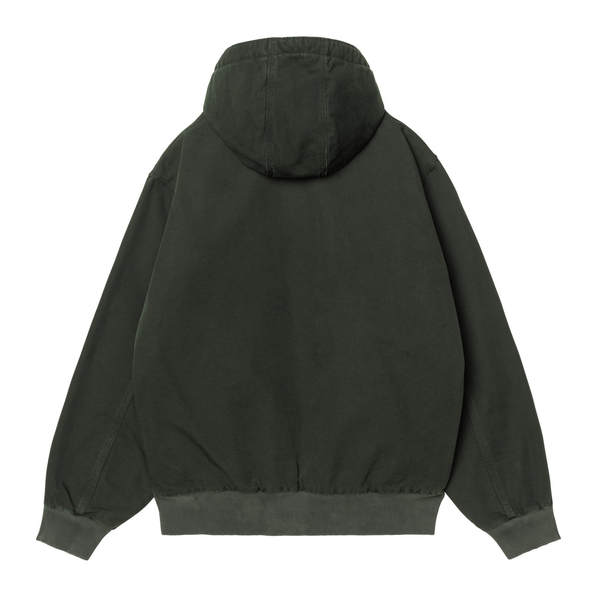 Vista trasera de la chaqueta Carhartt WIP OG Active Jacket en color Raven: lona lisa con capucha, banda inferior y puños de punto acanalado sobre fondo blanco.
