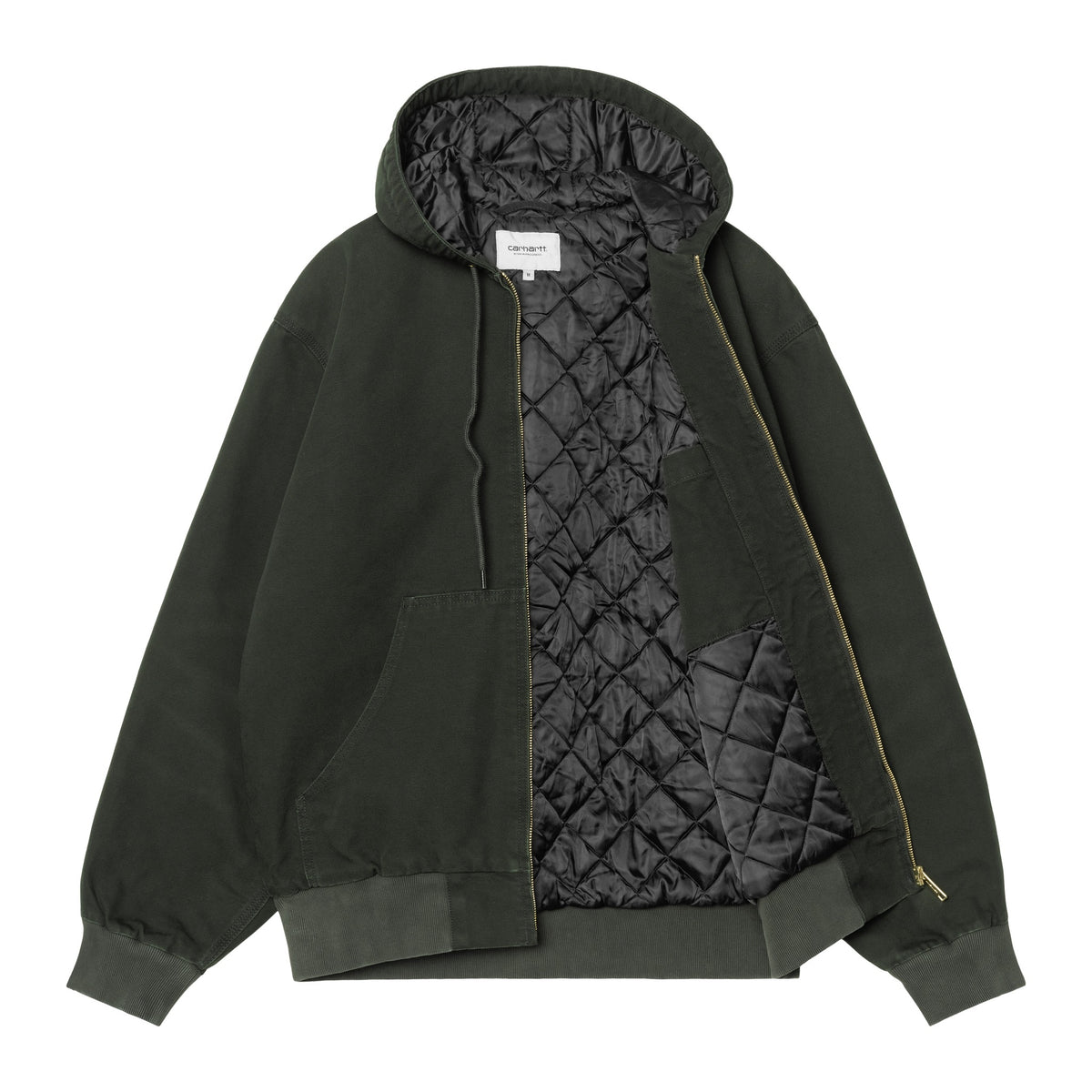 Chaqueta Carhartt WIP OG Active Jacket en color Raven abierta, mostrando el forro enguatado de rombos en el cuerpo y la capucha, y la etiqueta interior del pecho.
