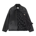 Carhartt WIP OG Detroit Jacket Black Grind Washed abierta, vista frontal con interior acolchado en rombos.