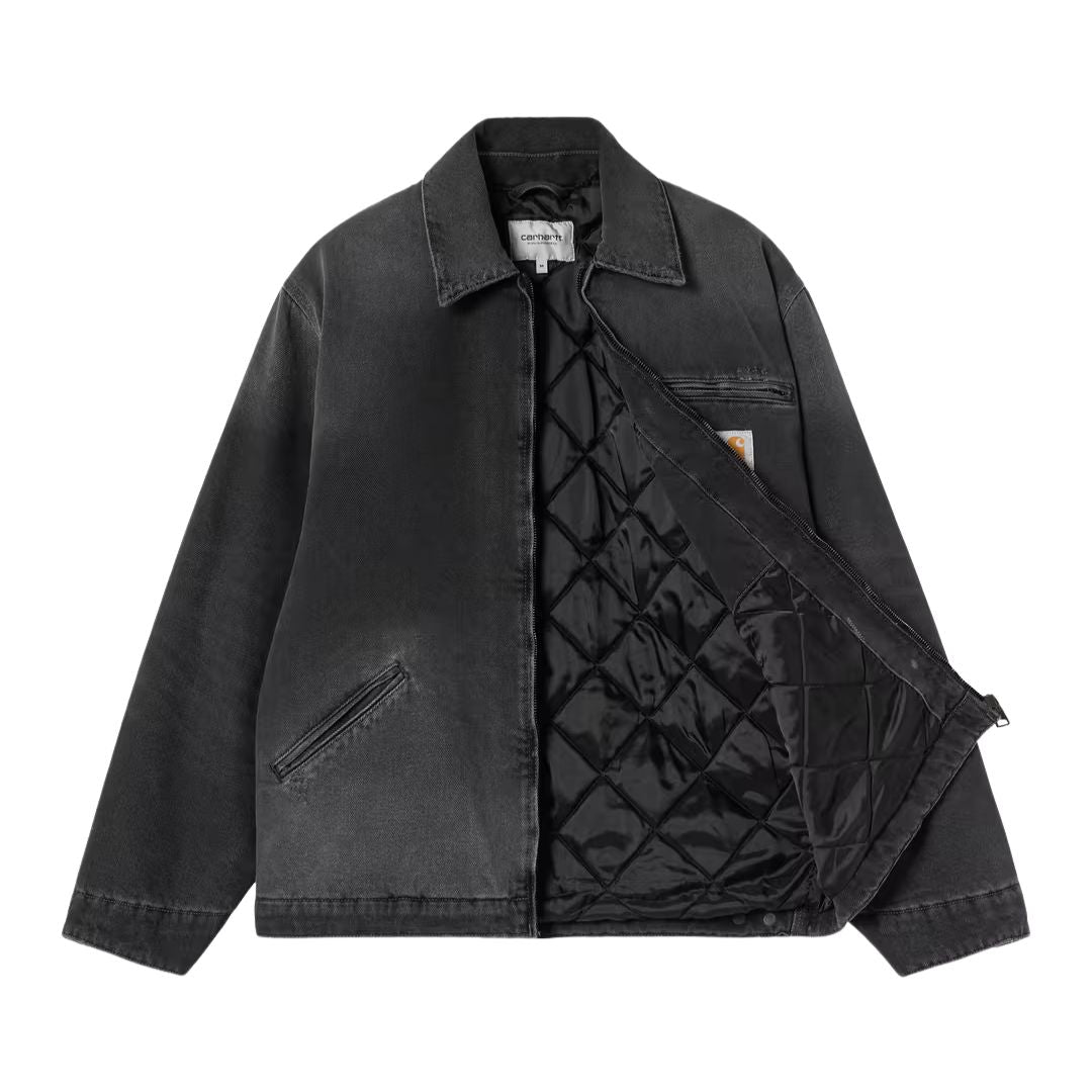 Carhartt WIP OG Detroit Jacket Black Grind Washed abierta, vista frontal con interior acolchado en rombos.