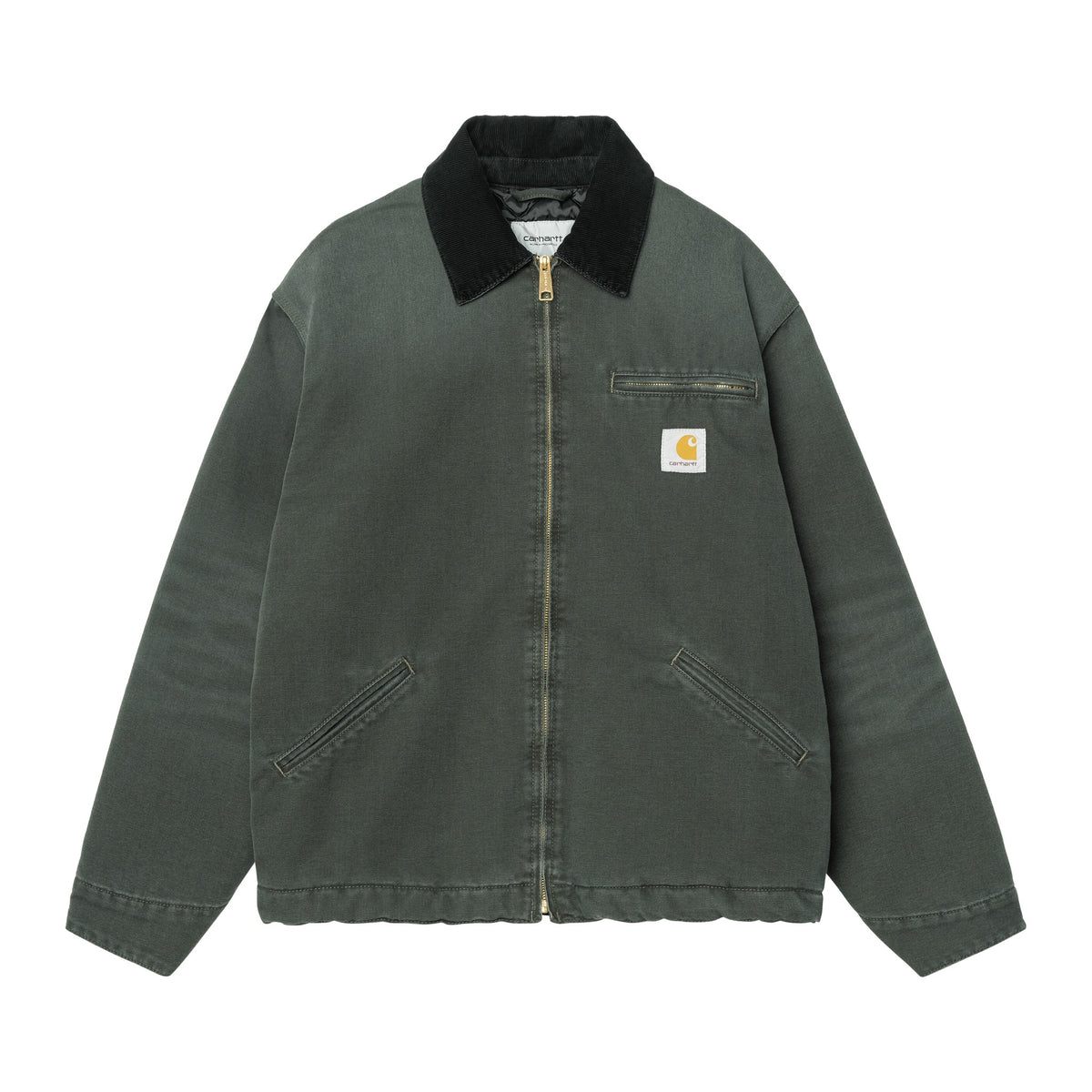 Chaqueta acolchada Carhartt WIP OG Detroit Jacket en color Raven / Black, vista frontal con cuello de pana, cremallera, bolsillo en el pecho con etiqueta y bolsillos de ojal.