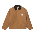 Carhartt WIP OG Detroit Jacket Winter en color marrón, vista frontal sobre fondo blanco con cuello de pana oscuro, cremallera dorada, bolsillo de pecho con etiqueta Carhartt WIP.
