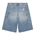 Carhartt WIP OG Single Knee Short azul destroy wash, vista trasera producto plano, bolsillos grandes traseros, Square Label tejida y toques de pintura splatter.
