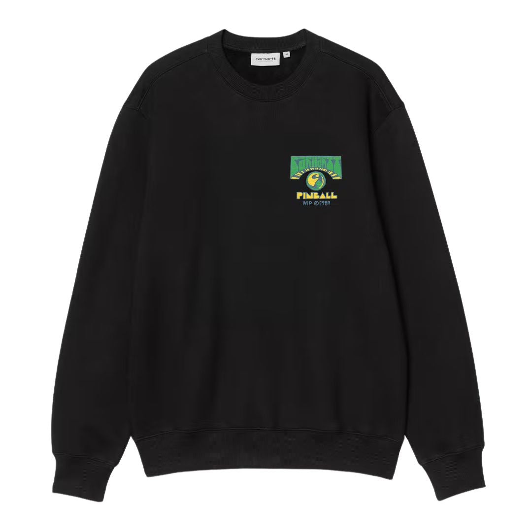 Carhartt WIP Pinball Sweatshirt en color negro, vista frontal plana. Sudadera de algodón pesado cepillado con cuello redondo acanalado, manga larga y estampado gráfico estilo arcade en el pecho izquierdo: ilustración de máquina de pinball en verde y amarillo con el texto "PINBALL" y la referencia "WIP ©1989" en tipografía retro. Ribetes acanalados en puños y bajo. Corte loose fit.