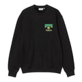 Carhartt WIP Pinball Sweatshirt en color negro, vista frontal plana. Sudadera de algodón pesado cepillado con cuello redondo acanalado, manga larga y estampado gráfico estilo arcade en el pecho izquierdo: ilustración de máquina de pinball en verde y amarillo con el texto 