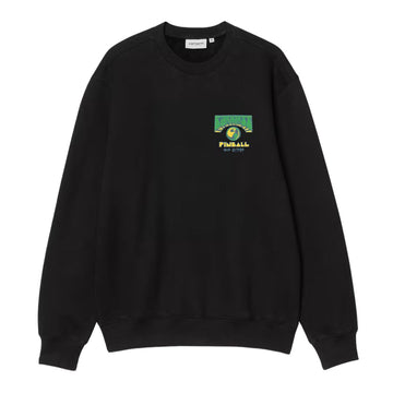 Carhartt WIP Pinball Sweatshirt en color negro, vista frontal plana. Sudadera de algodón pesado cepillado con cuello redondo acanalado, manga larga y estampado gráfico estilo arcade en el pecho izquierdo: ilustración de máquina de pinball en verde y amarillo con el texto "PINBALL" y la referencia "WIP ©1989" en tipografía retro. Ribetes acanalados en puños y bajo. Corte loose fit.