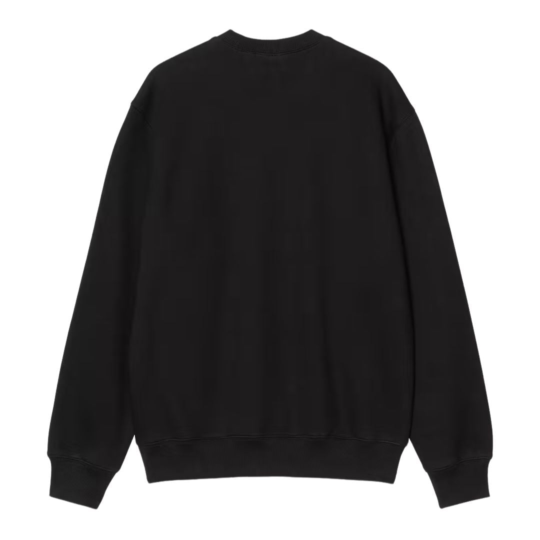 Carhartt WIP Pinball Sweatshirt en color negro, vista trasera plana. Sudadera de algodón pesado cepillado lavada en prenda con cuello redondo acanalado, manga larga y puños y bajo acanalados en negro. Espalda completamente lisa. Corte loose fit.