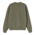 Carhartt WIP Pinball Sweatshirt en color verde leaf, vista trasera plana. Sudadera de algodón pesado cepillado lavada en prenda con cuello redondo acanalado, manga larga y puños y bajo acanalados en negro. Espalda completamente lisa. Corte loose fit.