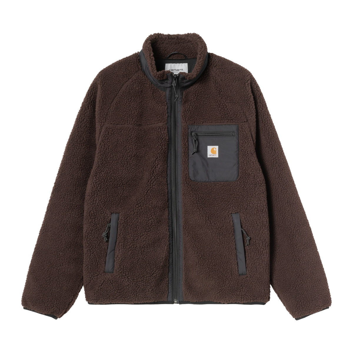 Chaqueta forro polar Carhartt WIP Prentis Liner en color Palisander / Black, vista frontal con cuello alto, cremallera y bolsillo en el pecho de contraste.