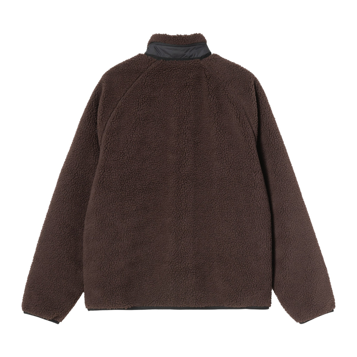 Vista trasera de la chaqueta forro polar Carhartt WIP Prentis Liner en color Palisander / Black, con cuello alto y mangas raglán sobre fondo blanco liso.