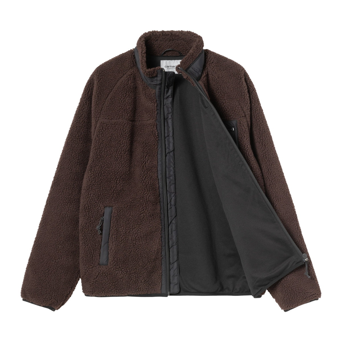 Chaqueta forro polar Carhartt WIP Prentis Liner en color Palisander / Black abierta, mostrando el forro interior de malla y la cremallera frontal en contraste.