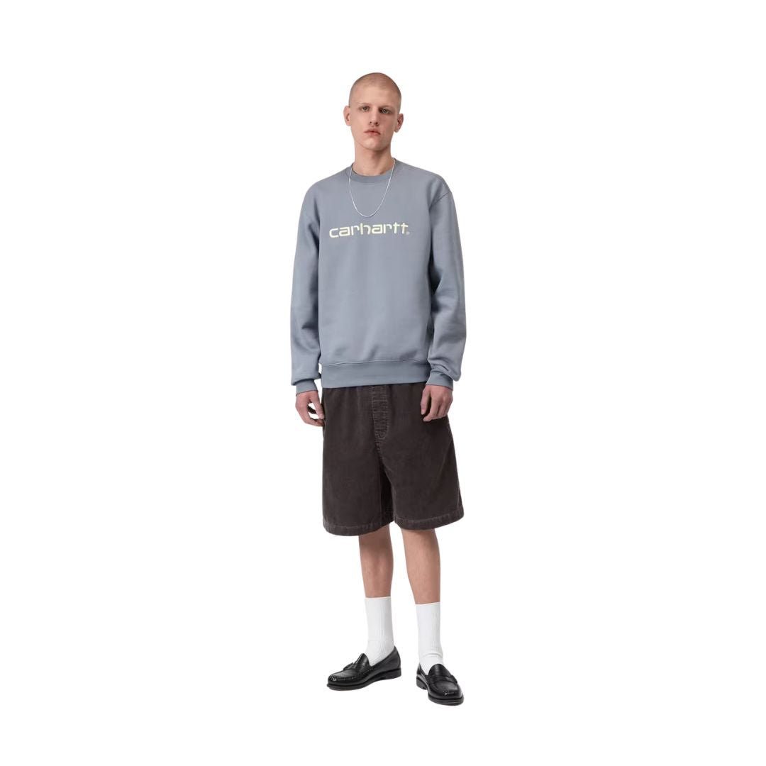 Look completo con Carhartt WIP Reynold Short Shale Dusky Washed: bermuda de corte ancho en marrón washed combinada con sudadera Carhartt azul pizarra.