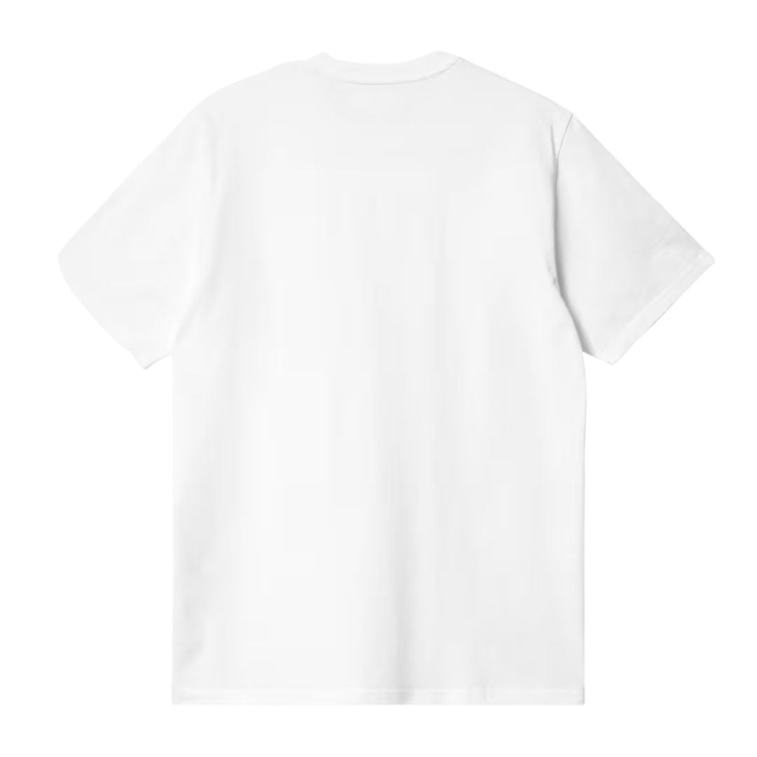 Carhartt WIP S/S Madison T-Shirt en white/black, vista trasera en plano sobre fondo blanco. Camiseta de algodón orgánico con corte holgado y espalda totalmente lisa.