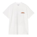 Camiseta Carhartt WIP S/S Wiptopia II blanca, plano frontal sobre fondo blanco, logotipo Carhartt en lettering bubble naranja en el pecho derecho y etiqueta interior visible.