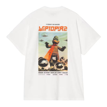 Carhartt WIP Wiptopia II T-Shirt blanca, plano trasero, gráfico completo del póster con criatura, ovnis y créditos tipográficos referenciando Detroit y Michigan.