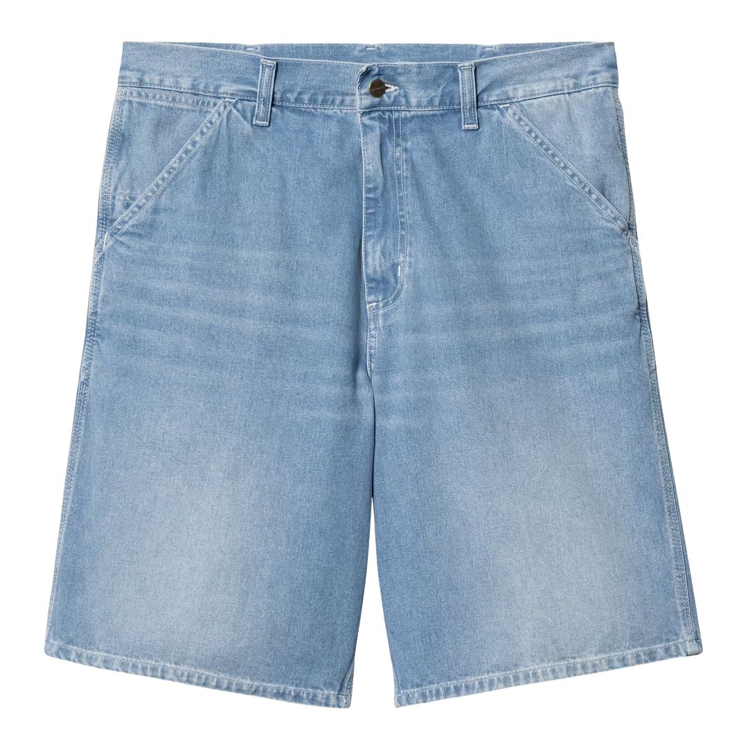 Pantalón corto Carhartt WIP Simple Short en denim azul claro blue light true washed, vista frontal.