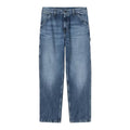 Pantalón Carhartt WIP Single Knee Pant en denim Blue Stone Washed vista frontal plana, con corte recto, bolsillos delanteros diagonales y presilla para herramientas lateral.
