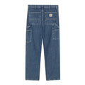 Vista trasera plana del pantalón Carhartt WIP Single Knee Pant en Blue Marble Used Wash, con parche de piel Carhartt, bolsillos traseros y efecto marmoleado en el desgaste.