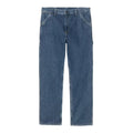 Pantalón Carhartt WIP Single Knee Pant en denim Blue Marble Used Wash vista frontal plana, con desgaste marmoleado, bolsillos delanteros diagonales y presilla porta-herramientas.