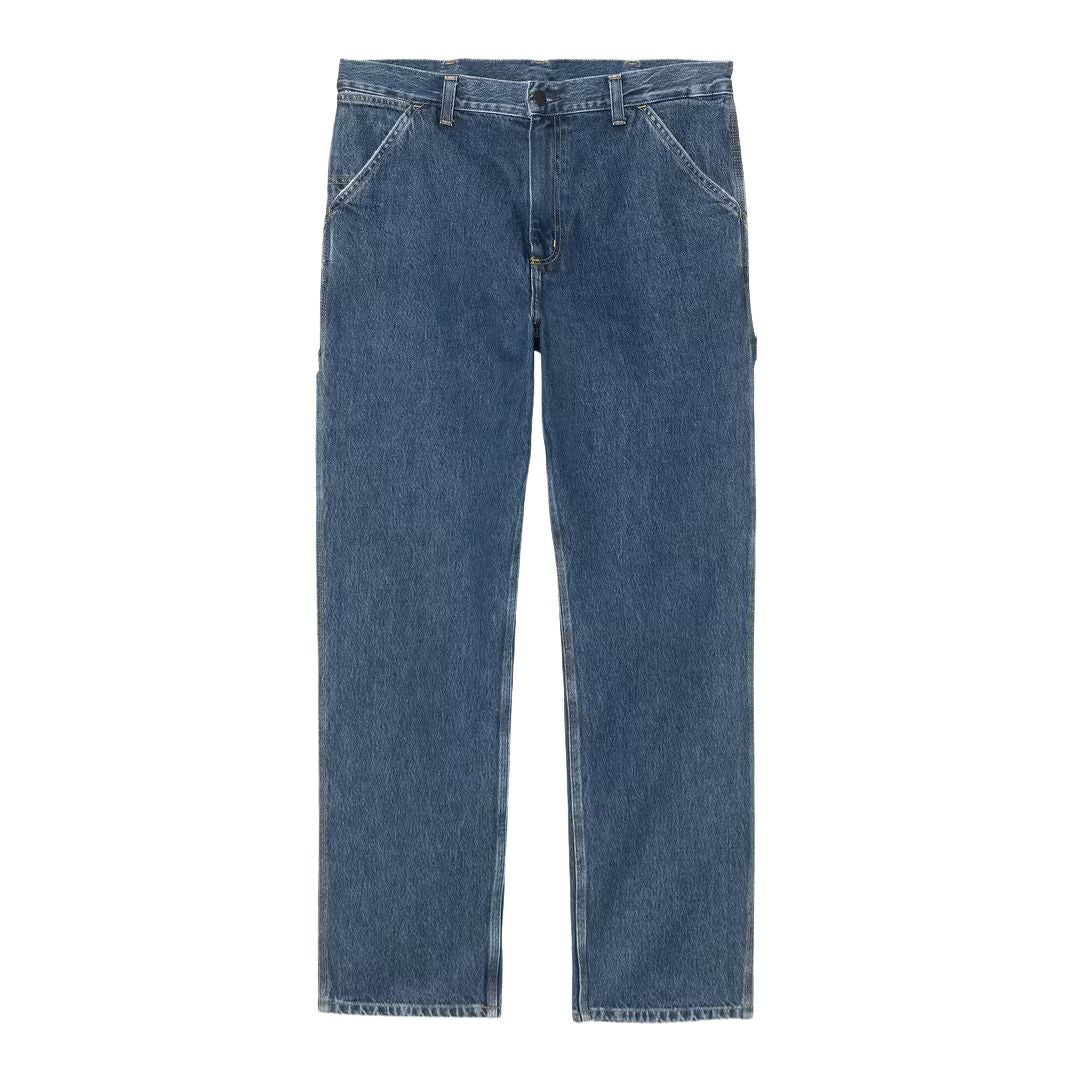 Pantalón Carhartt WIP Single Knee Pant en denim Blue Marble Used Wash vista frontal plana, con desgaste marmoleado, bolsillos delanteros diagonales y presilla porta-herramientas.