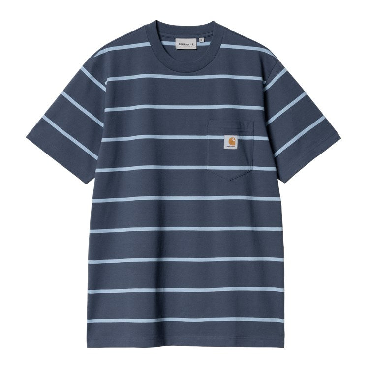 Camiseta de manga corta a rayas con bolsillo Carhartt WIP S/S Aiken Pocket T-Shirt azul con etiqueta Carhartt cosida en el pecho