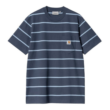 Camiseta de manga corta a rayas con bolsillo Carhartt WIP S/S Aiken Pocket T-Shirt azul con etiqueta Carhartt cosida en el pecho