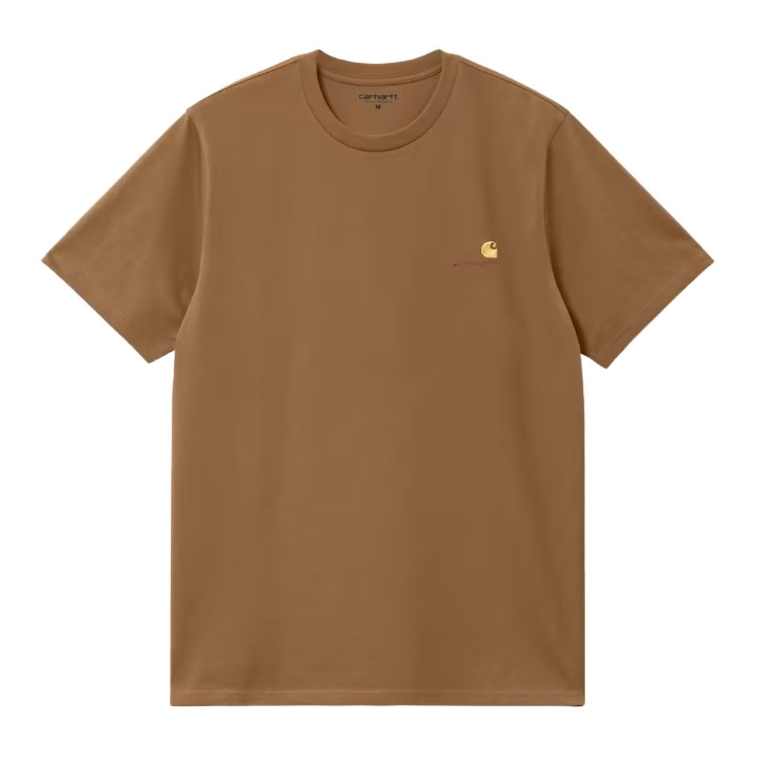 Camiseta Carhartt WIP S/S American Script T-Shirt color Hamilton Brown vista frontal con logo bordado.