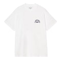 Camiseta Carhartt WIP S/S Arch Script en blanco y azul marino, vista frontal en plano, con logo bordado Arch Script sobre el pecho y etiqueta interior visible.