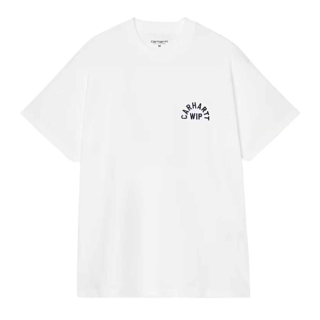 Camiseta Carhartt WIP S/S Arch Script en blanco y azul marino, vista frontal en plano, con logo bordado Arch Script sobre el pecho y etiqueta interior visible.