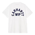 Camiseta Carhartt WIP S/S Arch Script en blanco y azul marino, vista trasera en plano sobre fondo blanco, con gran gráfico bordado Carhartt WIP ocupando toda la espalda.