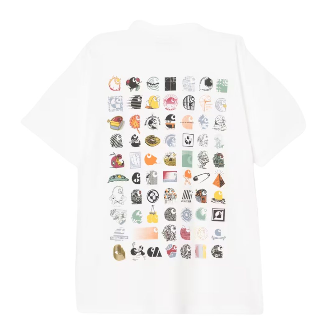 Camiseta Carhartt WIP S/S C Logo Archive T-Shirt blanca, vista trasera con estampado multicolor de logos de archivo.