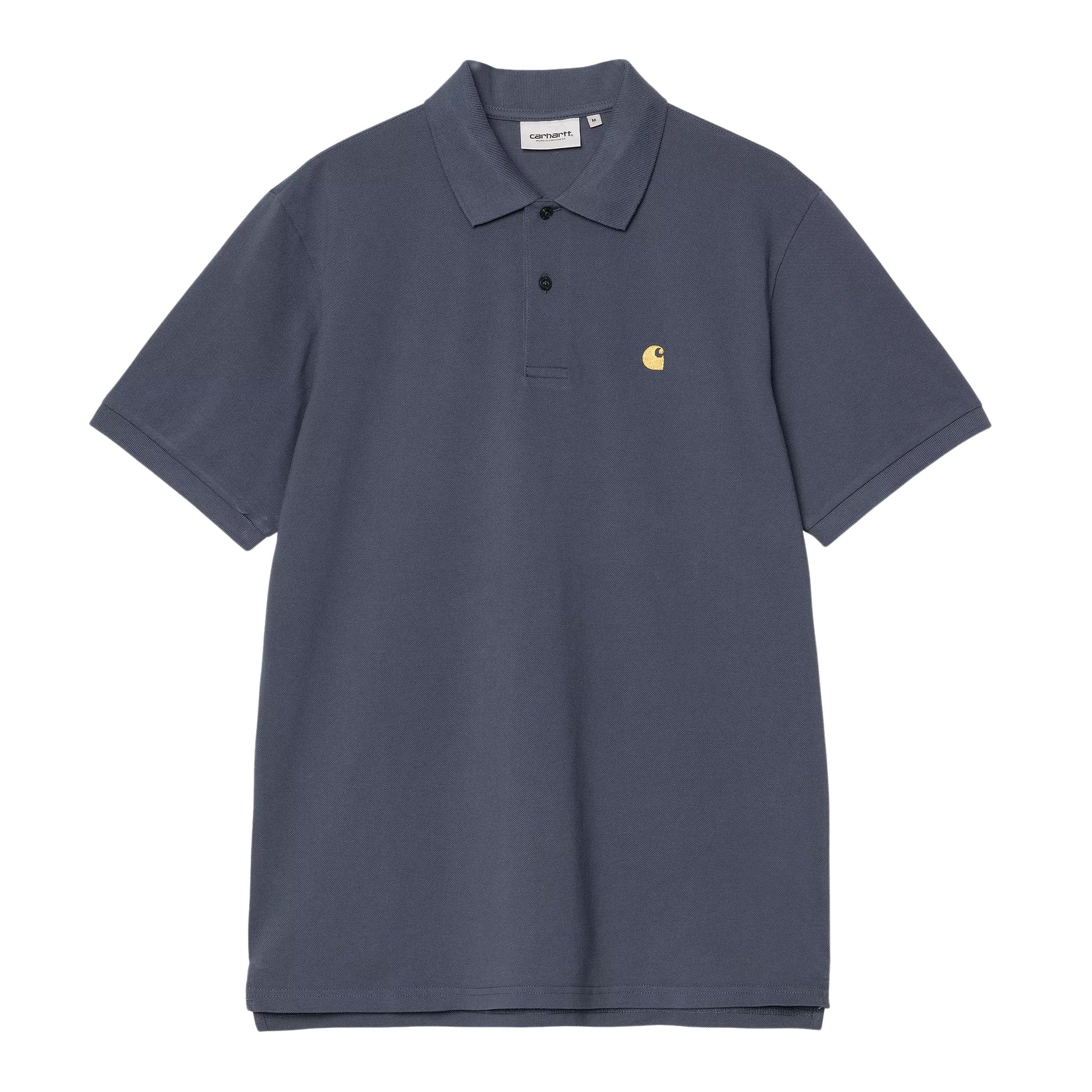 Polo Carhartt WIP S/S Chase Pique azul con el logo bordado en dorado