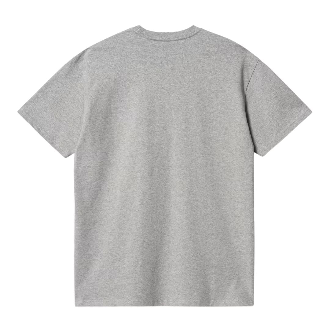 Carhartt WIP Chase T-Shirt gris jaspeado, vista trasera plana sin gráfico, mostrando el corte holgado de manga corta y el acabado limpio del dobladillo inferior.