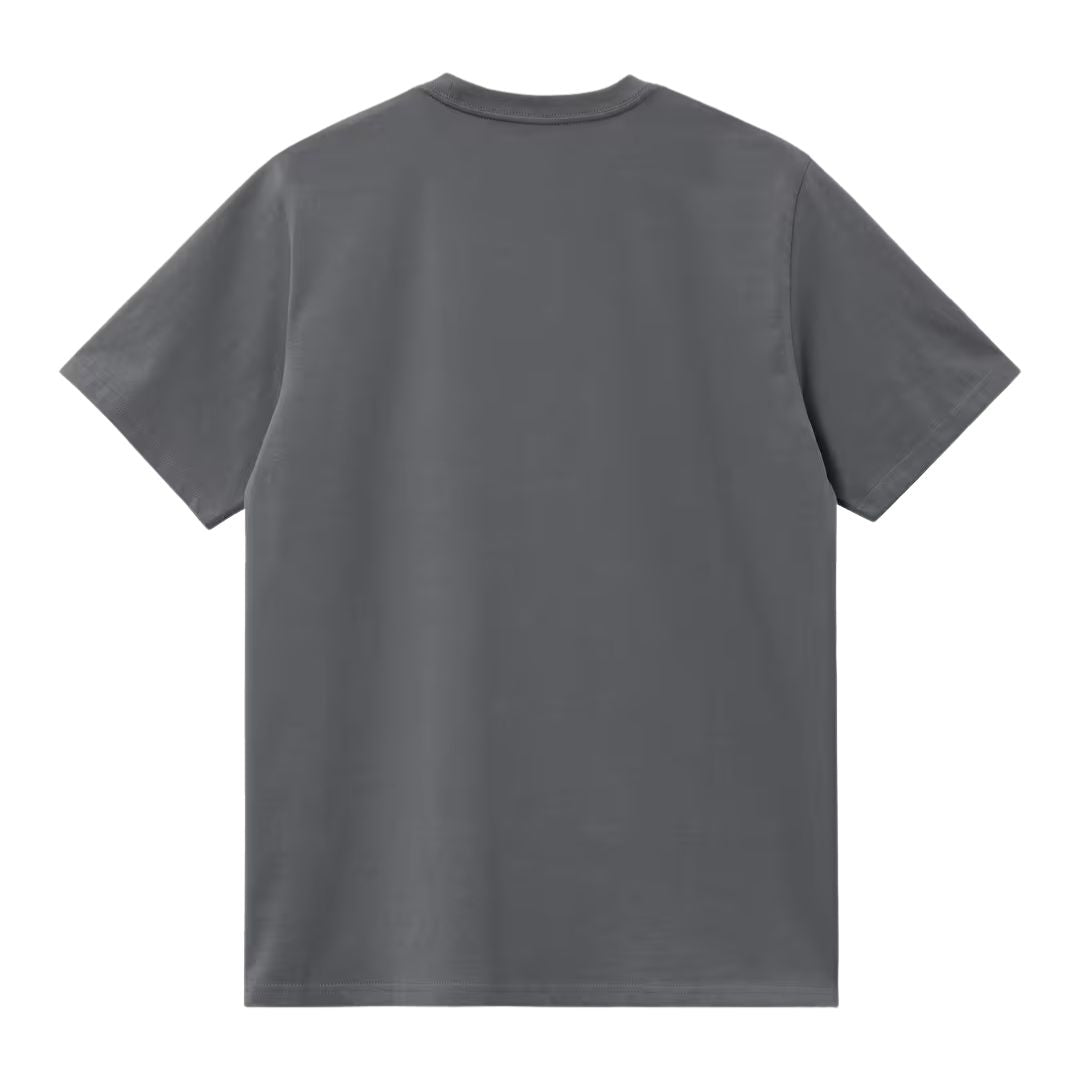 Carhartt WIP S/S Chase T-Shirt en color styx con detalle dorado, vista trasera plana. Camiseta de algodón peinado de manga corta en gris pizarra con cuello redondo ribeteado y espalda completamente lisa, sin estampados ni costuras visibles.