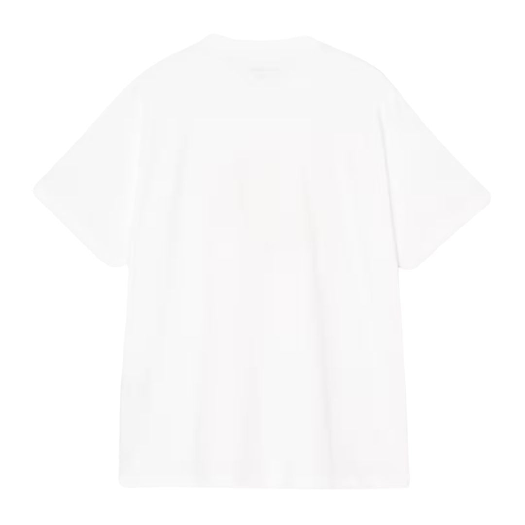 Carhartt WIP S/S Cheese Toast T-Shirt en color blanco, vista trasera plana. Camiseta de algodón orgánico Single Jersey de 175 g/m² con cuello redondo ribeteado, manga corta holgada y espalda completamente lisa. Corte loose fit.