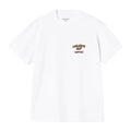 Carhartt WIP S/S Coffee Break T-Shirt en color blanco, vista frontal plana. Camiseta de algodón orgánico de peso medio con cuello redondo, manga corta y estampado gráfico en el pecho izquierdo con el texto 