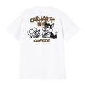 Carhartt WIP S/S Coffee Break T-Shirt en color blanco, vista trasera plana. Estampado gráfico a gran escala en la espalda: texto 